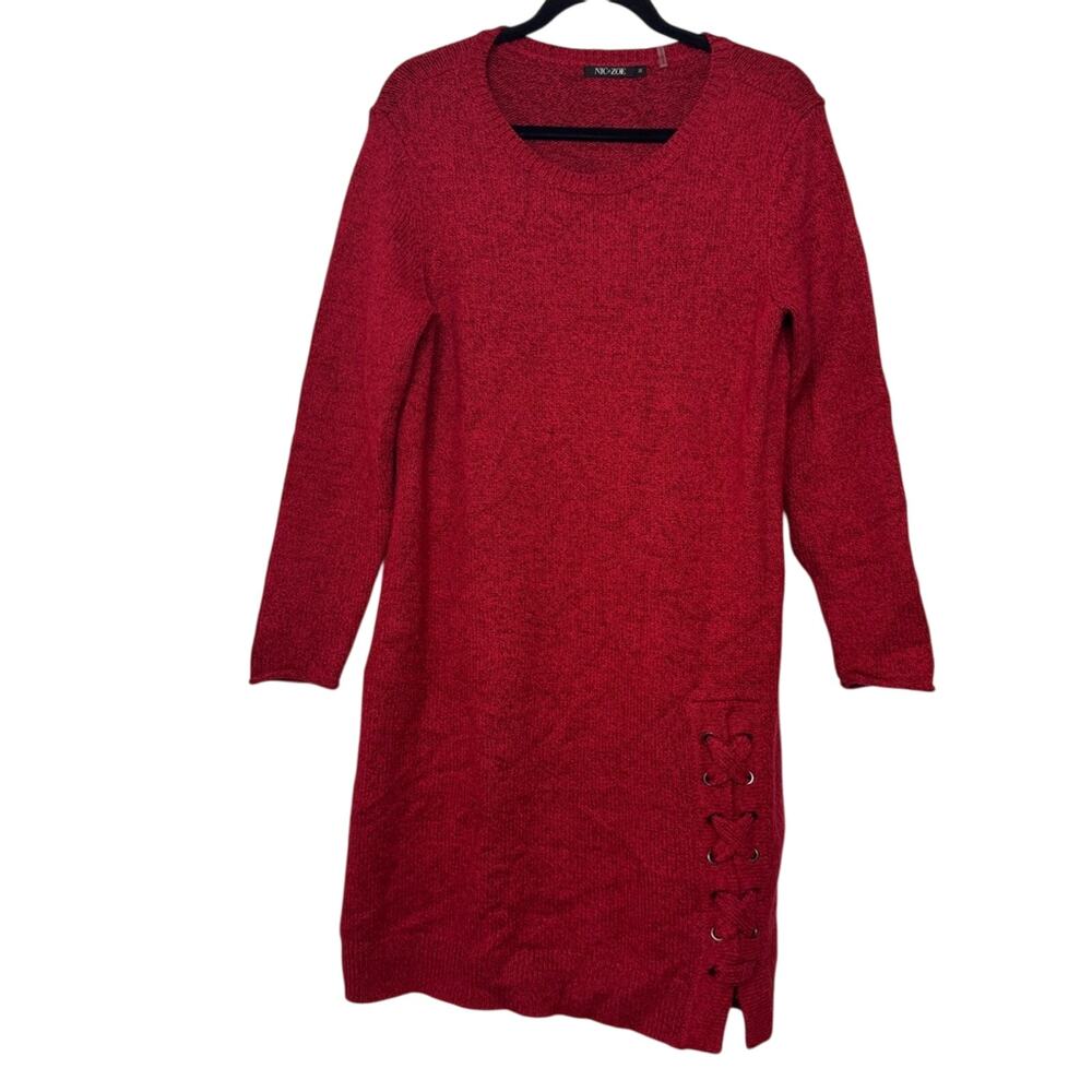 NIC+ZOE Red Knit‎ Sweater Dress Women's Medium Long Sleeve Lace-Up Hem Pullover